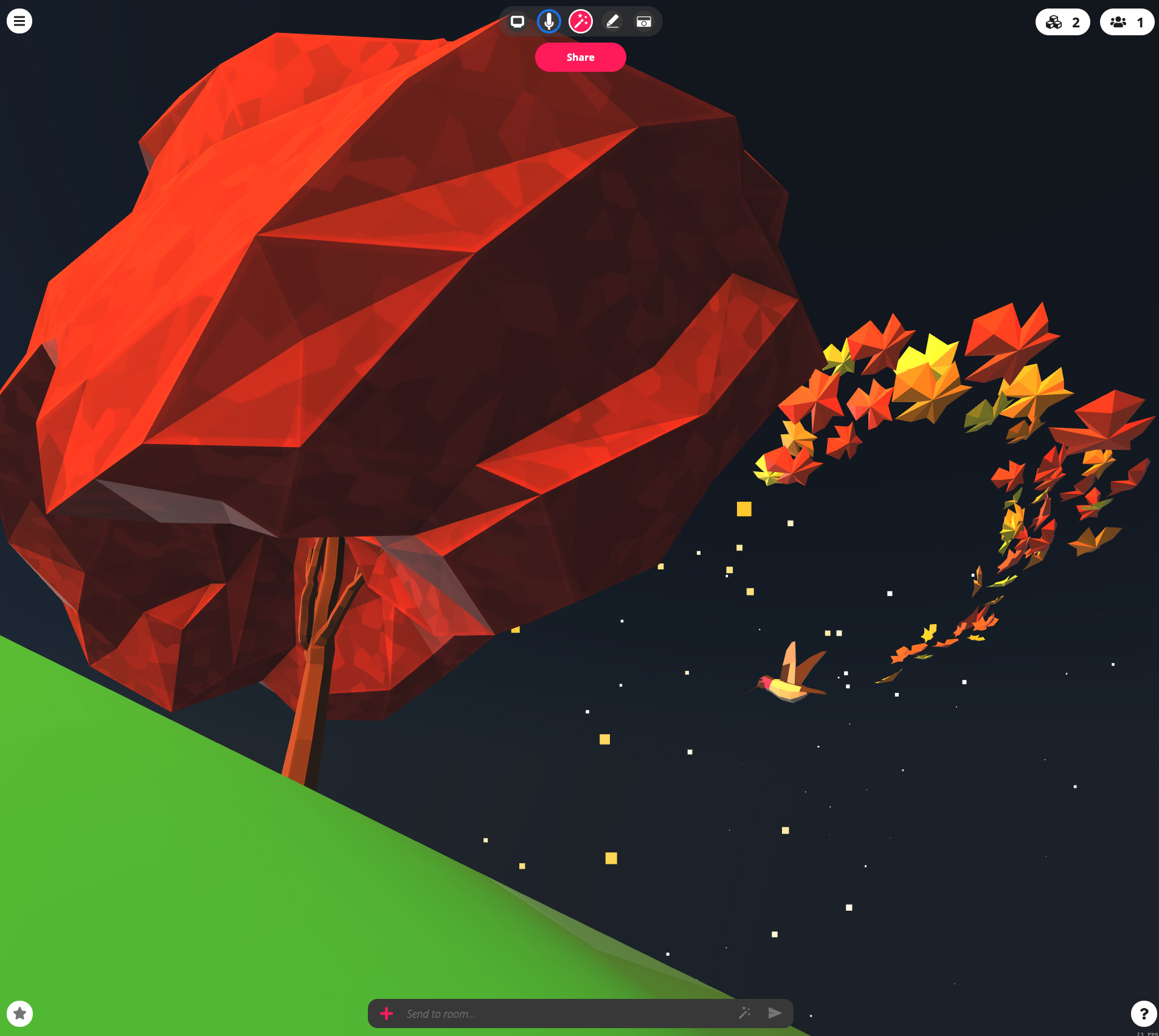 Virtual environment - humming bird flying around tree